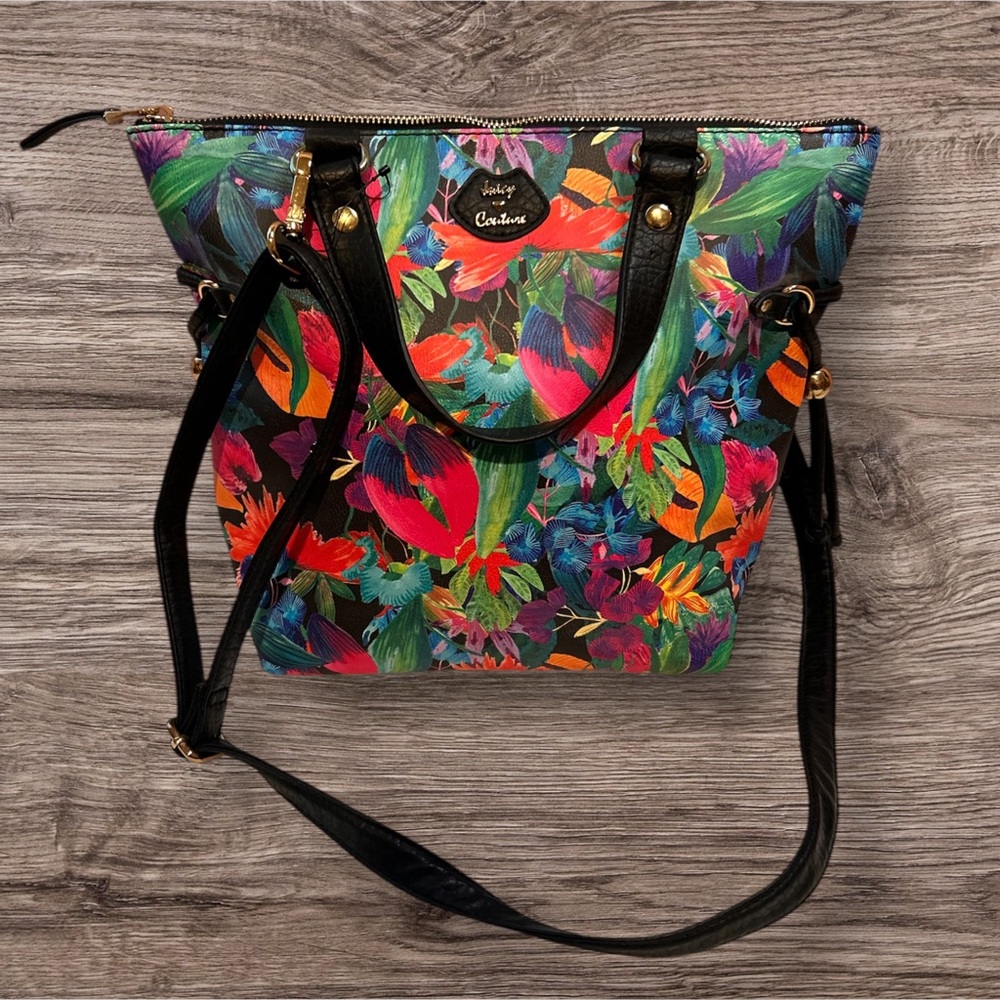 Juicy Couture Black Label Paradise Tote Dual Carry Y2K Gold Black Tropical